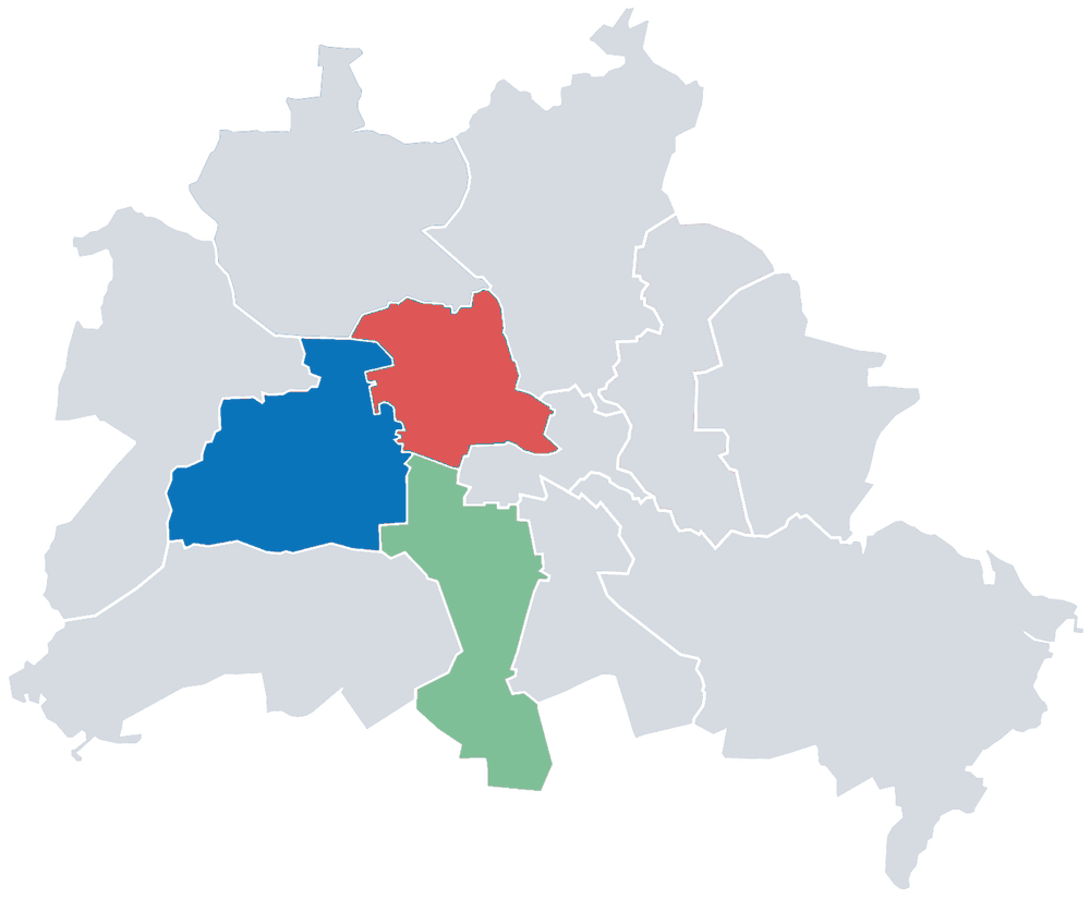 Karte von Berlin mit den drei Bezirken des Netzwerks der Bewegungslotsen: Charlottenburg-Wilmersdorf, Mitte und Tempelhof-Schöneberg